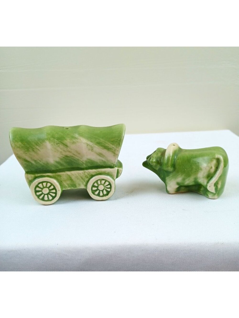 Vintage Green Ox Cart & Bull Salt & Pepper Shaker Set Western Farm Covered Wagon